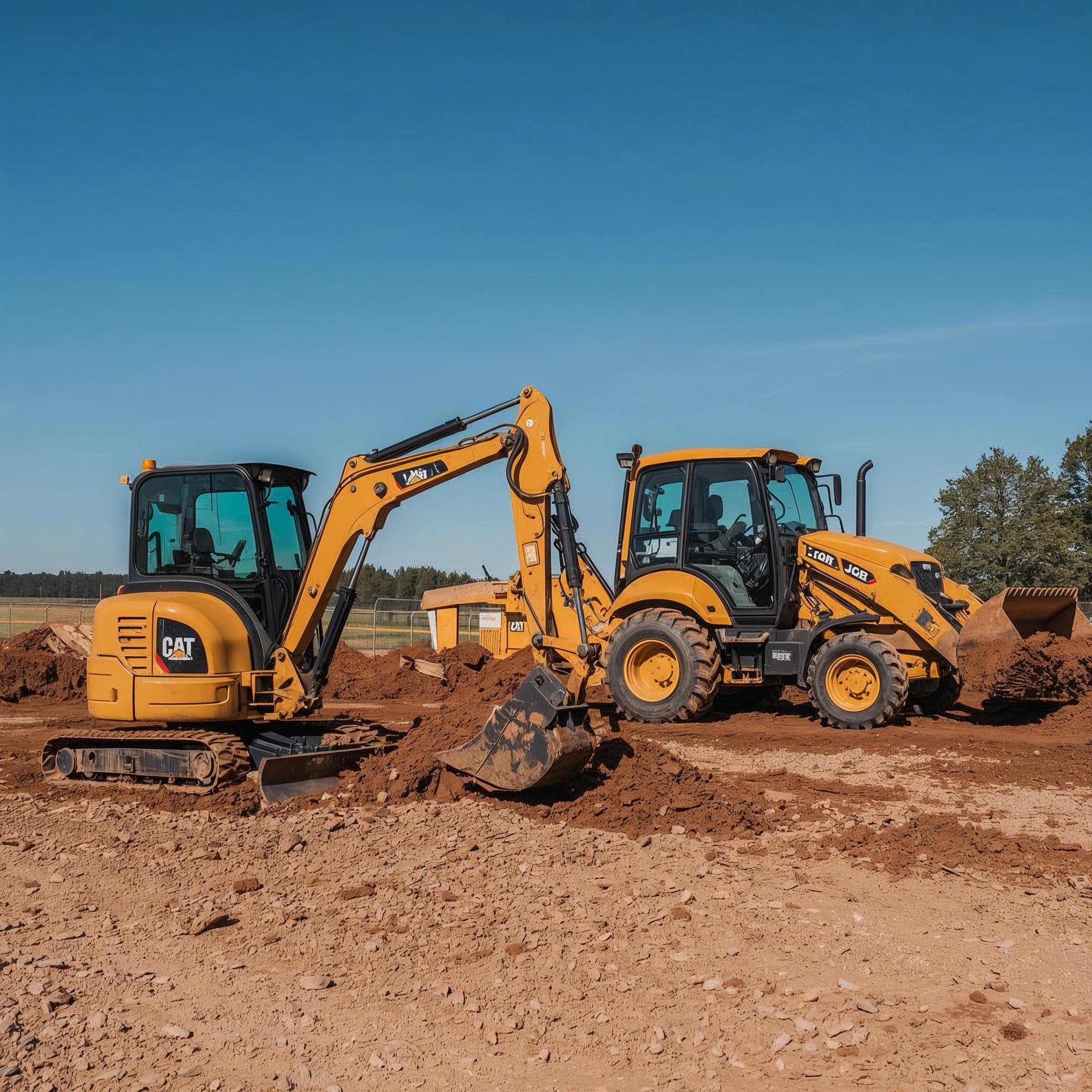 Minikoparka Cat Oraz Koparkoladowarka Jcb Na Podworku W Polsce Podczas Pracy
